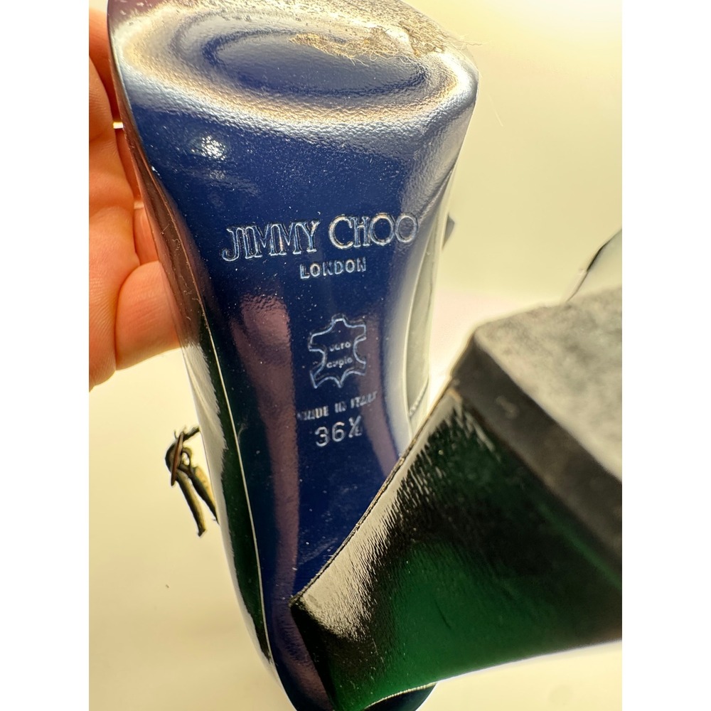 Jimmy Choo Navy Blue Patent Leather Ankle Strap Block Heel Pumps Womens 36.5 - Picture 8 of 10